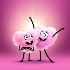 3d render, cartoon characters, funny couple with happy faces, heart mascot, pink cotton clouds. Clip art isolated on pink background. Homosexual relations concept. Valentines day illustration