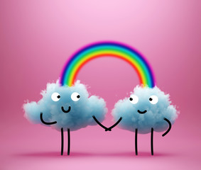3d render, cartoon characters, soulmates, blue cotton cloud mascot, rainbow, happy couple holding hands, lgbt family social concept, clip art isolated on pink background. Kawaii illustration for kids