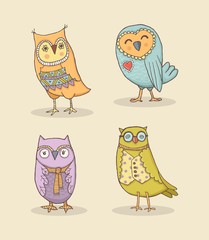 Vector Set of Line owls. Stylized hand drawing on Kraft paper