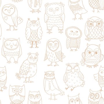 Vector seamless pattern of Line owls. Stylized hand drawing