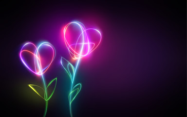 multicolor neon light drawing, abstract heart shape flowers isolated on black background. Glowing line art. Festive concept for Valentine day © NeoLeo