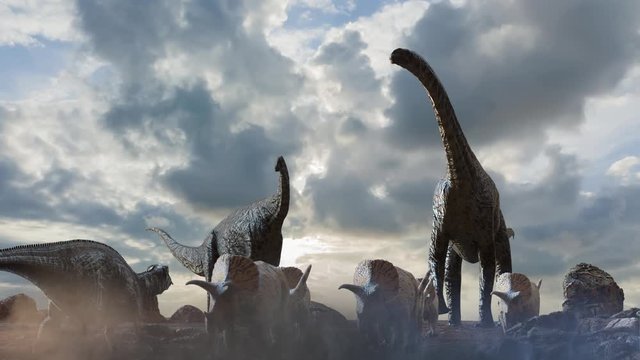 different dinosaurs on prehistoric background of nature, 3d render