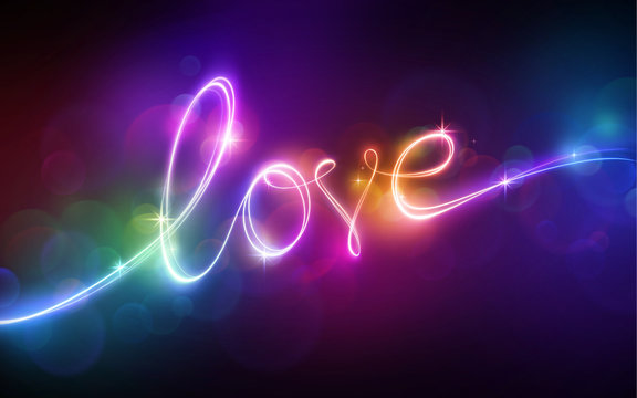multicolor neon light, love lettering. Glowing single line art, handwritten word, ultraviolet text, light drawing. Romantic festive background for Valentine day