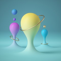 3d render, abstract pastel blue background, minimal concept, clean style. Colorful pink yellow paint drops, golden rings, balls, balloons, bubbles. Funny anti gravity concept