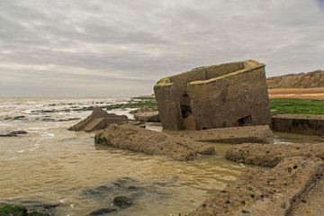 Fototapeta na wymiar World war two defences near bawdsey that have fallen into the sea due to coastal erosion.