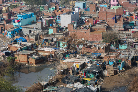 Aerial view of poor indian slums in Faridabad, Haryana .