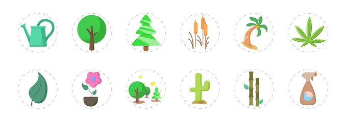 plants flat icons set with bamboo, cactus, marijuana leaf, palm vector illustrations