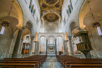 Indoor sight in the Saint Nicholas Basilica (Basilica di San Nicola) in old town Bari. Apulia (Puglia), Italy.