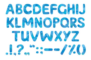 streamlined bold font with geometrical fill. Blue alphabet on a white background. Vector illustration.
