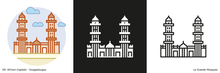 La Grande Mosquee Icon - Ouagadougou. Glyph, Outline and Filled Outline icons of the famous landmark from the capital of Burkina Faso.