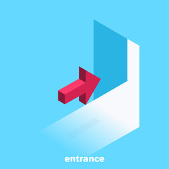 isometric vector image on a blue background, a red arrow indicates the entrance to an open door