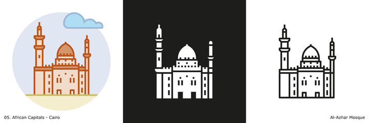 Al-Azhar Mosque Icon - Cairo. Glyph, Outline and Filled Outline icons of the famous landmark from the capital of Egypt.