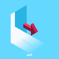 isometric vector image on a blue background, the red arrow indicates the exit to the open door