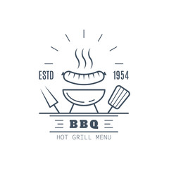 Barbecue badge design, vector line art illustration