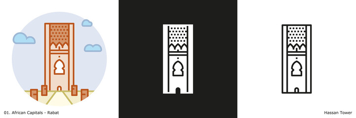 Hassan Tower Icon - Rabat. Glyph, Outline and Filled Outline icons of the famous landmark from the capital of Morocco.