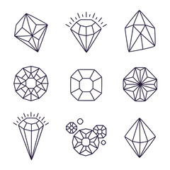 Doodle gem stones. Hand drawn line art jewelry stones vector isolated set, black crystals modern illustration