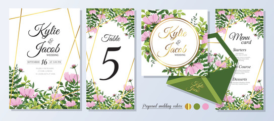 Set wedding Invitation, envelope, number, menu card. Floral design with pink wild flowers and green watercolor fern leaves, foliage greenery decorative gold frame print. Vector elegant cute rustic.