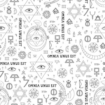 Seamless pattern on the theme of alchemy and mysticism with occult symbols and the inscription in Latin "All is one". Mysterious background. Vector illustration. 