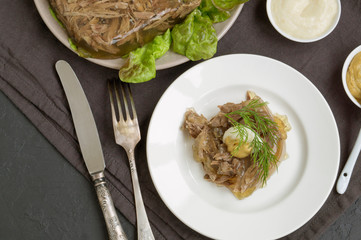 meat jelly. beef aspic. traditional Russian dish.