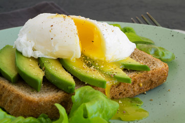 poached egg on healthy bread with avocado.
