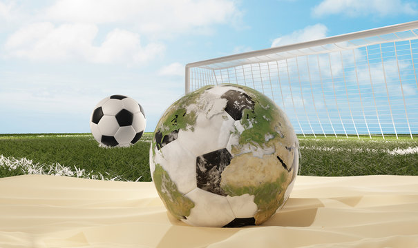 soccer ball in sand desert with world globe design 3d-illustration. elements of this image furnished by NASA