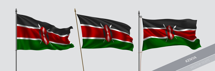 Set of Kenya waving flag on isolated background vector illustration