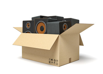 3d rendering of cardboard box full of black audio speakers.