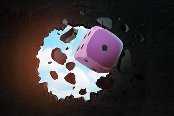3d rendering of pink casino dice seen through gap in black wall