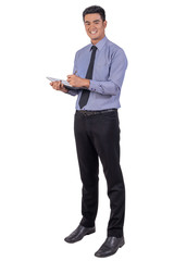 Young business man smiling in modest clothing holding and writing a clipboard, business concept. isolated on white background.