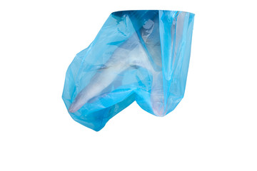 Hand stuck in blue plastic bag isolated on white background, plastic pollution and environmental problem, global warming and zero waste concept.