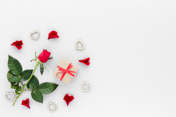 Valentine Day background. Rose hearts gift natural creative composition top view background with copy space for your text. Flat lay.