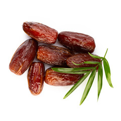 Dry dates isolated on white background. Top view. Flat lay pattern.