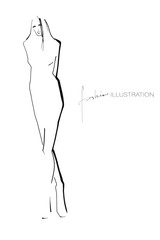 Silhouette of young stylish woman, model. Fashion illustration in sketch style. Vector