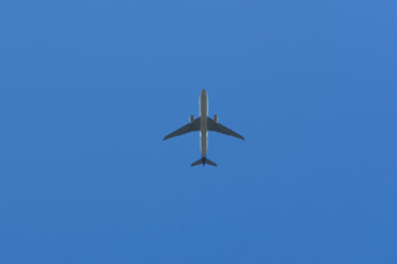 Bottom View of the Airplane in the sky with blank copy space for travel comcept