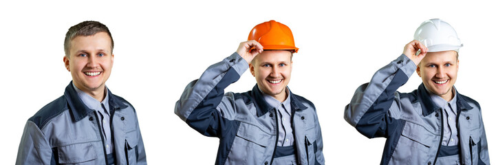 Portrait of a young builder worker in an orange helmet. He welcomes you to the camera. Repair and construction. isolated. Close-up