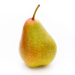 Fresh bio pear with leaves on isolated white background.