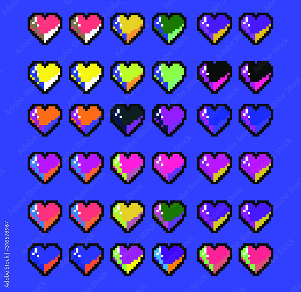 Poster pattern made of pixelated hearts like in old 8-bit arcade video game. vaporwave and retrowave style 