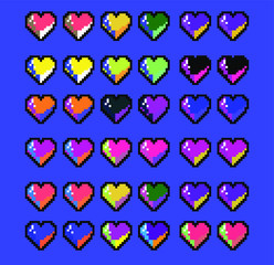 Fototapeta na wymiar Pattern made of pixelated hearts like in old 8-bit arcade video game. Vaporwave and retrowave style illustration for print design.