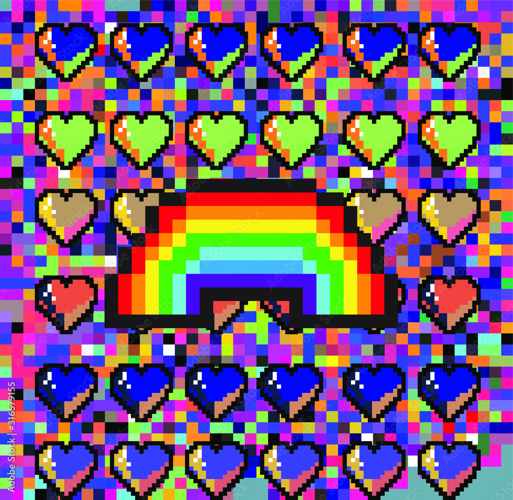 Poster Pattern made of pixelated hearts like in old 8-bit arcade video game. Vaporwave and retrowave style illustration for print design.
