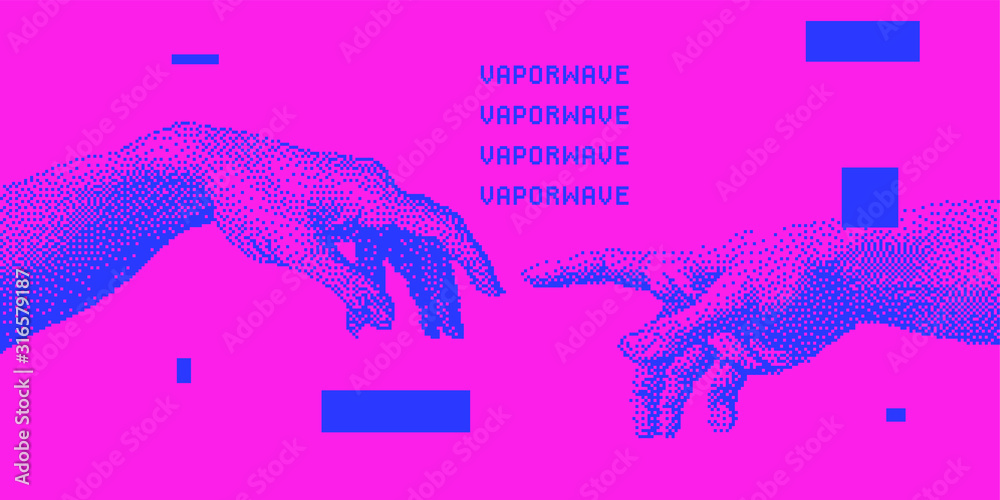 Poster hands going to touch together, look like the michelangelo's art work. cyberpunk 8-bit style art coll