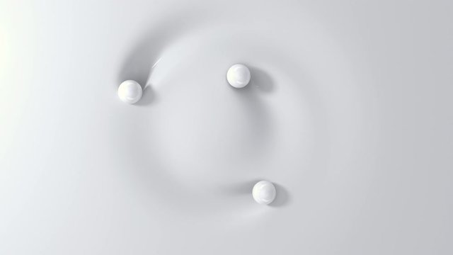 Three white balls rolling around circle on soft surface. Top view of spheres touching liquid material. 3D render animation. Seamless loop.
