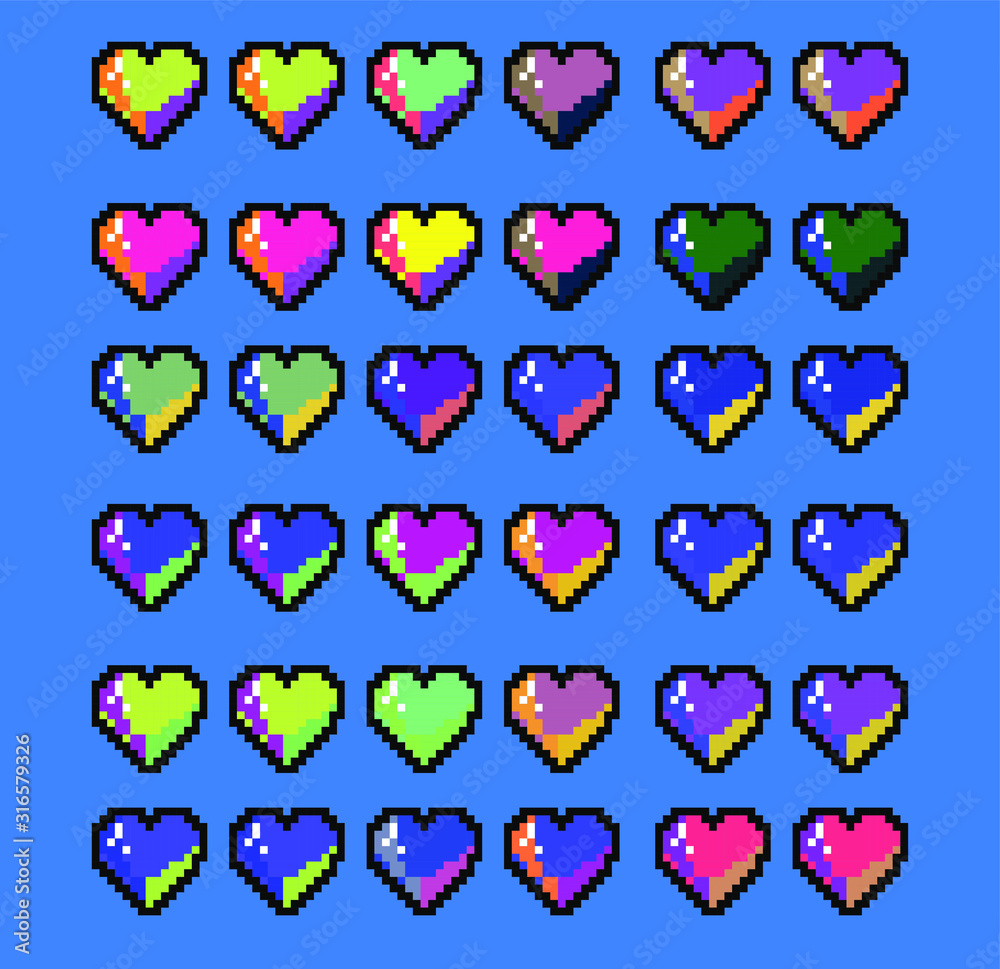 Poster Pattern made of pixelated hearts like in old 8-bit arcade video game. Vaporwave and retrowave style illustration for print design.