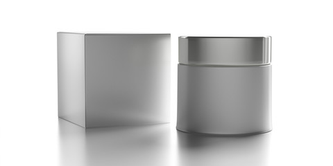 Glass cosmetic jar with silver cover and package box isolated against white background. 3d illustration