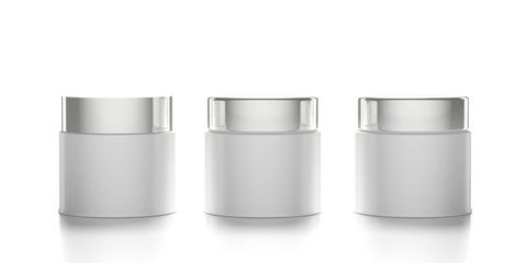 Glass cosmetic jars with covers isolated against white background. 3d illustration
