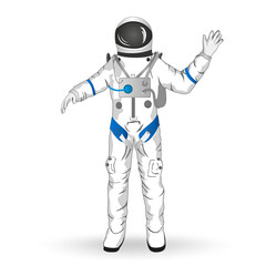 Astronaut in spacesuit. Cosmonaut wave hand. isolated cartoon character and vector illustration