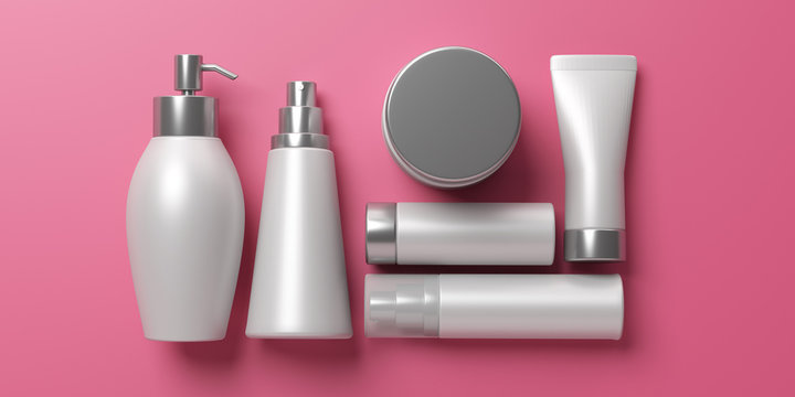 Blank cosmetics packages isolated on pink background, 3d illustration