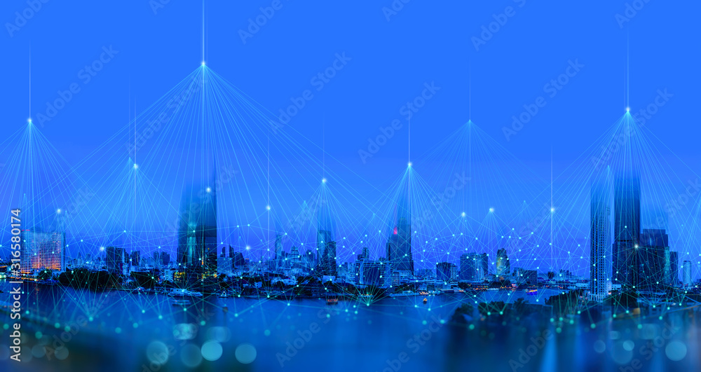 Poster Wireless network and Connection technology concept with Abstract Bangkok city background in panorama view