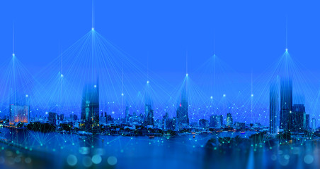 Plakat Wireless network and Connection technology concept with Abstract Bangkok city background in panorama view