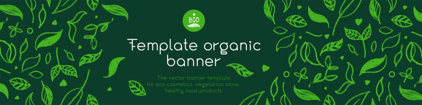 Banner organic ingredients, template design for healthy food concept, vegetarian food banner for eco store and market, eco-friendly background, green thinking concept, environmentally friendly banner.