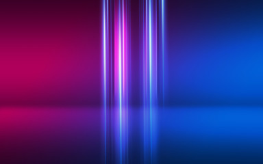 Abstract dark background with blue and pink neon glow. Neon luminous figure in the center of the stage.